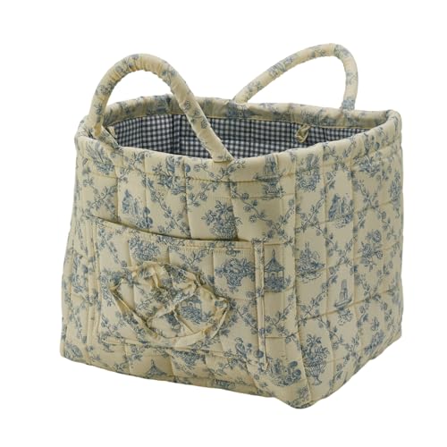 Neaonau Quilted Fabric Storage Basket with Handles & Pocket, Foldable Laundry Hamper Boho Floral Print Organizer Bin for Home, Picnic, Office 12"x10"x10" (B-3)