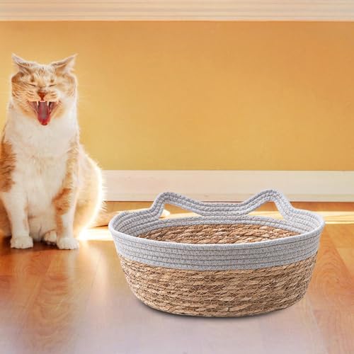 vreplrse Weiches, bequemes Bett für drinnen, Haustierbedarf, gewebtes Katzenbett aus japanischem Stroh, handgewebter Katzenkorb, Nest, Komfort und-5