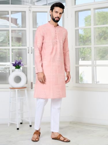 Image of See Designs Men's Full Sleeve Mandarin Collar Floral Embroidered Mandarin Collar Thread Work Straight Long Kurta - Festive Collection