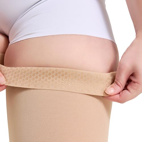 Image of Plus Size 5XL Thigh High Open Toe Compression Stockings 15-20mmHg for Men and Women, Thigh High Length, Dot-Top, Open Toe, Beige