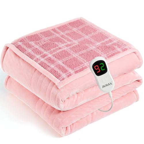 JKMAX Heated Electric Blanket Twin Size - 62"x84" Flannel Heating Blanket with 10 Heating Levels & 5 Time Settings Over-Heat Protection, Winter Warmer for Adults with ETL Certification(Pink)
