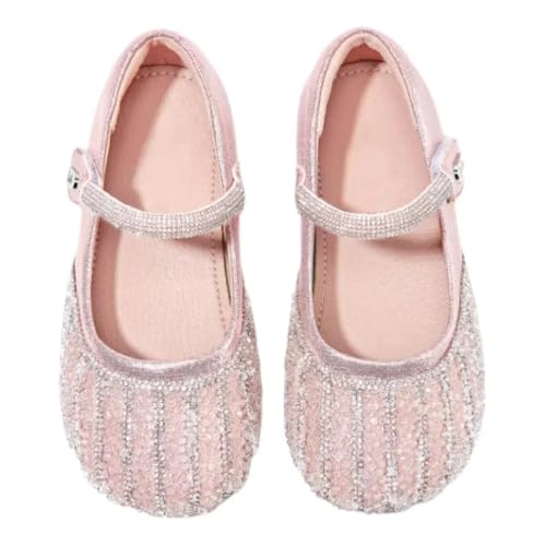 Girls' Sparkly Mary Jane Flats, Pink Crystal Ballet Shoes with Rhinestone Strap