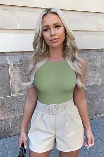 Image of OQQ Women's 3 Piece Bodysuits Sexy Ribbed One Piece Sleeveless Halter Neck Bodysuits Black Pea green Beige, Medium