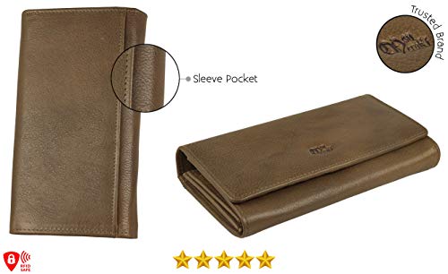 Image of Women's Top Grain Leather Wallet, RFID Blocking Bifold clutch, 17 Card Slots, Zip Pocket Organizer, Elegant Gift for Women - Birthday, Anniversary - Washed Olive Green