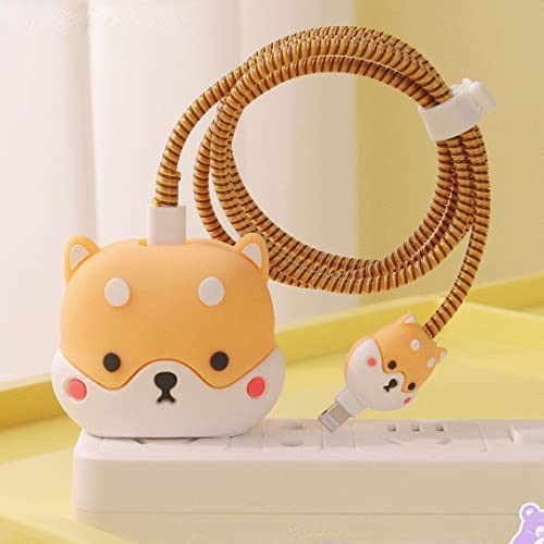 Image of Cartoon 3D Design Protective Case for 18W 20W iPhone 14 13 12 11 Pro Max Fast Charging Cable Adapter Charger, Cute Cartoon Lightning Data Cable Case for iPhone Charger Shiba-Inu