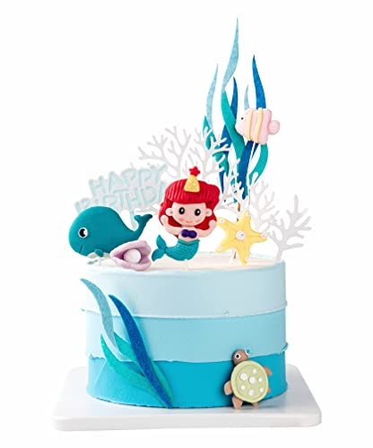 Meerjungfrau Kuchenaufsatz Meer Kuchen Dekorationen Ozean Thema Geburtstag Kuchen Topper Meerjungfrau Seestern Algen Muscheln Wale Kuchendekorationen für Mädchen Kind Baby Geburtstag Party Cover