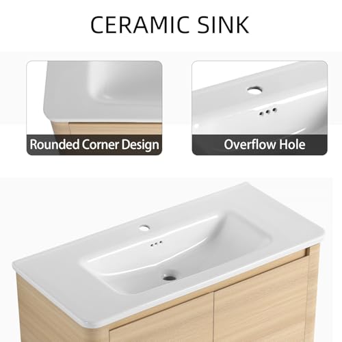 Image of 40 inch Bathroom Vanity with Ceramic Sink, Freestanding Bathroom Vanity with 2-Soft-Close Door, Soft-Closing Hinges & Hidden Handles for Home, Farmhouse, Easy to Clean Design, White Oak