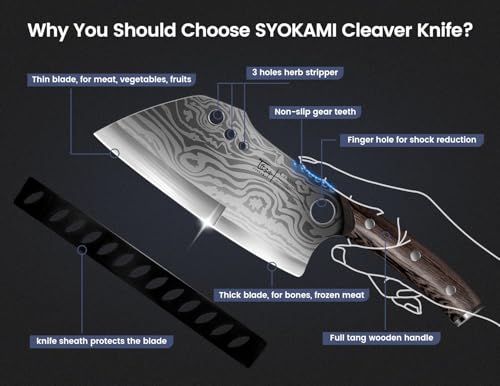SYOKAMI Meat Cleaver Chef Knife with Sheath, 7.7 Inch Butcher Knife with Herb Stripper, Chopping Knife Heavy Duty Bone Cutting, Damascus Pattern Full Tang Wood Handle, Birthday Gift for Men