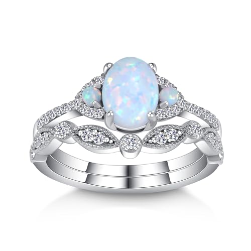 3 Stone Oval-Cut Natural Opal Engagement Rings Sets for Women,10K 14K 18K Real Gold Split Shank Moissanite Wedding Rings Sets,Bridal Ring Sets with Free Engraving | GRC Certificate
