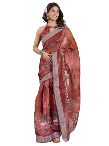 Image of Satrani Women's Linen Printed & Embroidery Ready To Wear Saree with Unstitched Blouse Piece
