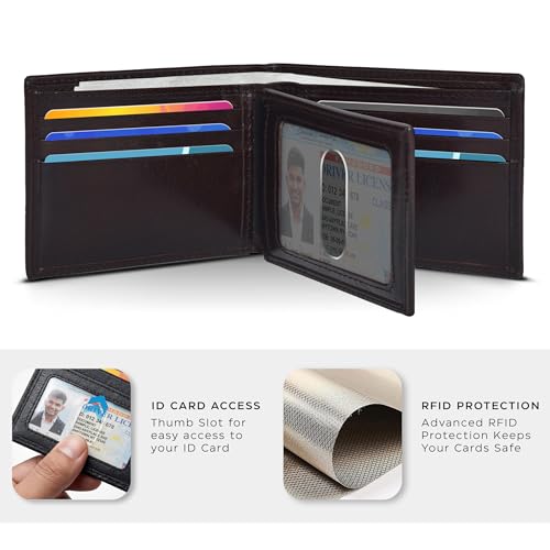 Image of Oak Leathers Leather Wallet for Men - RFID Bifold Wallets with 9 Credit Cards 1 ID Window Slim Minimalist Front Pocket Gift For Men