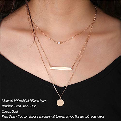 image for Turandoss 14K Gold Plated Layered Necklace Pearl Choker Bar Disc Neckl