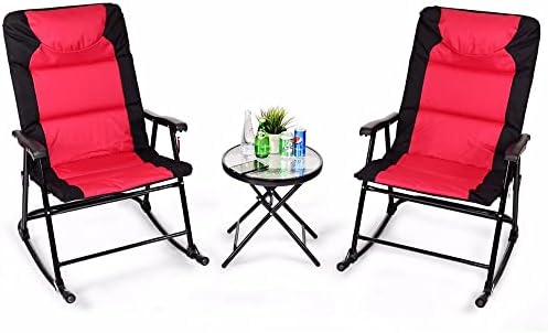 FEER 3 PCS Outdoor Folding Rocking Chair Table Set Bistro Sets Patio Furniture Red Outdoor Furniture