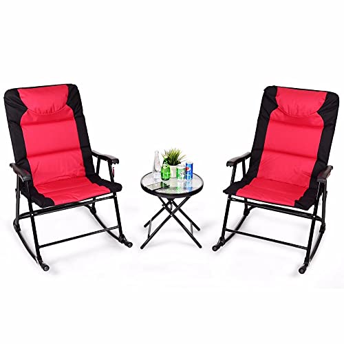 Feer 3 Pcs Outdoor Folding Rocking Chair Table Set Bistro Sets Patio Furniture Red Outdoor Furniture #TOP11