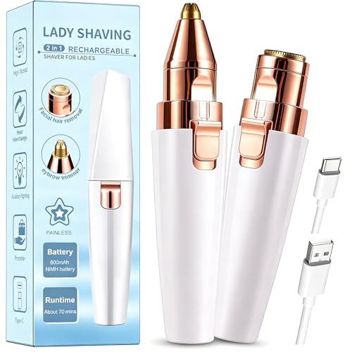 Facial Hair Removal for Women 2 in 1 Electric Hair Removal Device for Chin Upper Lip Peach Fuzz & Rechargeable Eyebrow Trimmer with LED Light for Precise Shaping