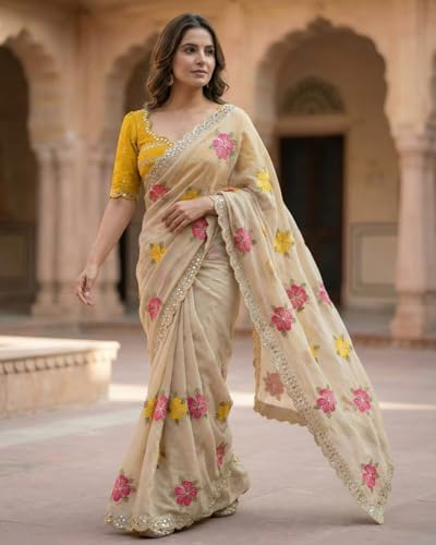 Image of Yashika Women's Nylon Organza Saree with Blouse Piece for Traditional Ethnic Wear Sari