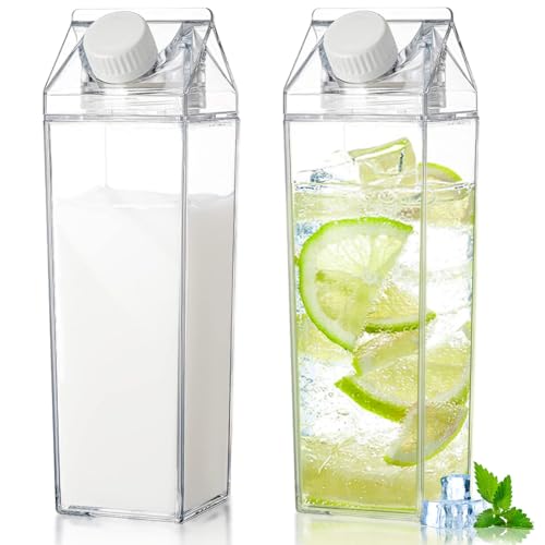Canumer 2 Pack 17oz Milk Carton Water Bottle, Reusable Square Plastic Milk Bottles, Portable Clear Milk Carton Container, Leakproof Coffee Juice Tea Jug for Outdoor Sports Travel Camping