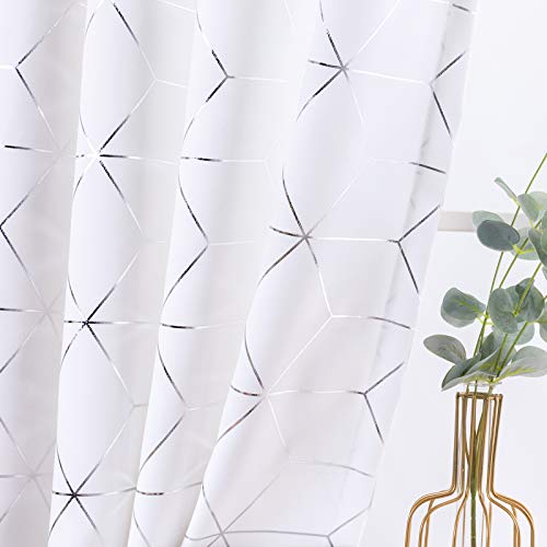 Jinchan Silver Solid Diamond Curtain Foil Print Grommet Room Darkening Soft Sturdy Thermal Insulated Shades For Teens Kids Bedroom Living Room Nursery 84 Inches Length 2 Panels White #TOP2