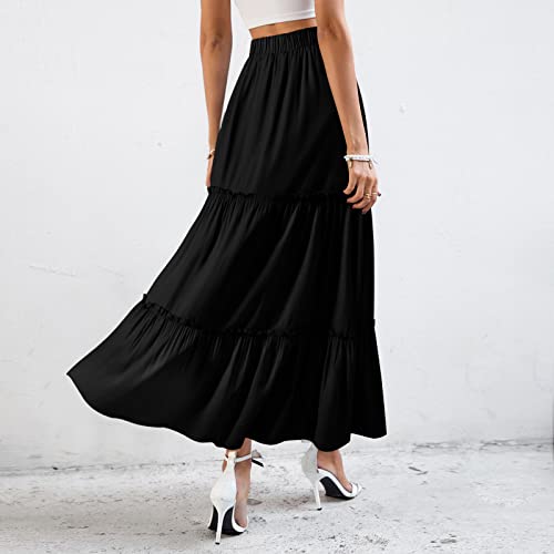 Bomarolan Women'S Boho Maxi Skirts Summer A Line Long Skirts Ruffle Swing Beach Skirts For Women Black M thumb #2