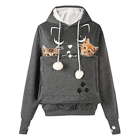 Pet Holder Hoodie, Cat Pouch Sweatshirt Plus Size Puppy Pullover Long Sleeve Dog Carriers Hooded Shirt Warm Big Pouch Top for Small Animals Gray Unisex Cover