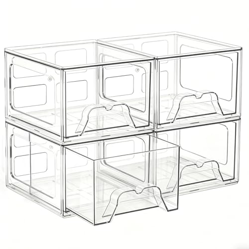 Stebopum 4Pack Acrylic Makeup Organiser Stackable Plastic Storage Drawers Clear Drawer Organiser for VanityKitchen Cupboard Bathroom Storage Box