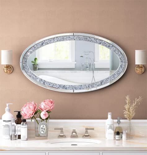 Shyfoy Oval Mirrors For Wall Crystal Crushed Diamond Living Room Decor, Sparkly Decorative Wall Mirror, Large 36" L X 23" W Modern Glass Accent Haning Mirror Espejos Decorativos De Pared #TOP7