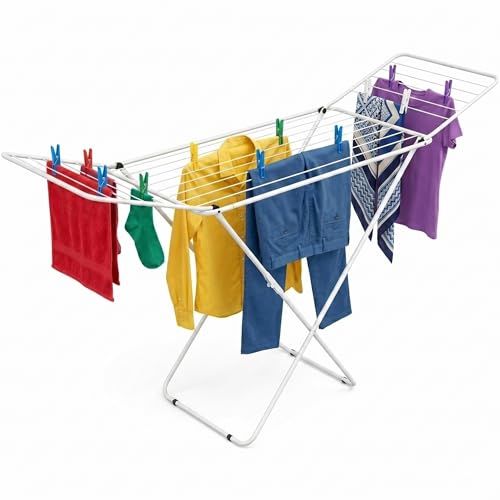 DailyCa Tendedero Plegable Metálico con Alas y Patas en X | Superficie de Tendido 20m | Tenderete de Ropa para Interior y Exterior | Resistente al Sol y Antideslizante | Bloqueo de Seguridad (Blanco)