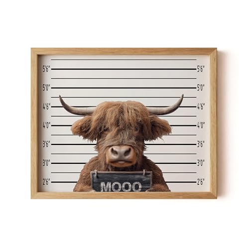 Image of aj decor Highland Cow Mugshot Wall Art Print Poster, Dog Pet Lover Picture Painting Artwork Bedroom Living Room Office Dining Room 151D (Highland Cow Mugshot, 11 inch W x 14 inch L, Wood Frame)