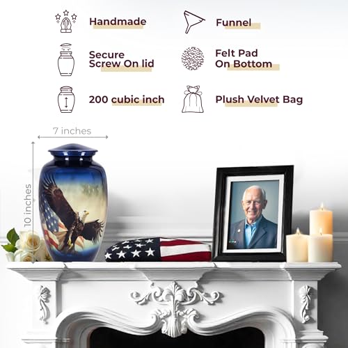 Image of Trupoint Memorials Cremation Urns for Human Ashes, Military and Patriotic Decorative Burial Urn for Veteran Adult Men and Women, Large Blue