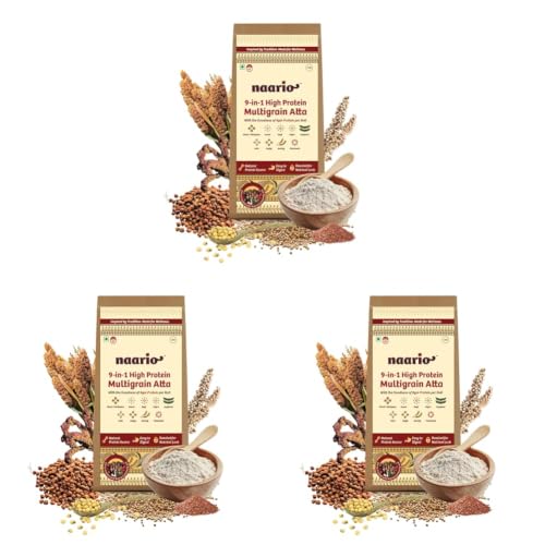 Image of Naario 9-in-1 Multigrain Atta | 8g Protein Per Roti | No Wheat | Low GI | Diabetic Friendly | 9 Roasted Grains - Black Chana, Jowar, Ragi, Bajra, Oats, Flaxseeds | Gluten Free | 1Kg (Pack of 3)