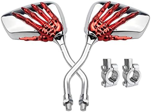 Pairs of Distinctive Skull Skeleton Hand Bike Mirror, Bicycle Mirrors for Handlebars with Mount Holder Clamp Adaptor 10mm for Scooter Moped Bike Standard Bike Motorcycle (Red)