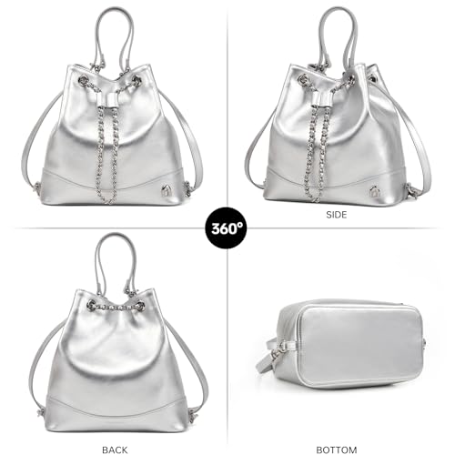 LA FESTIN Leather Purses for Women Cute Backpack Lightweight Shoulder Small Trendy Bucket Handbags with Strap Silver Chain(Silver) 6