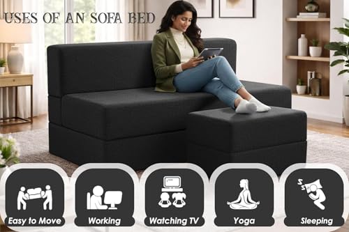 Image of Rosebell Foldable Sofa-Cum-Bed with Ottoman | 3-in-One Foldable Sofa, Lounger & Bed-5x6 Feet Three Seater- Perfect for Home & Office -Black-Color