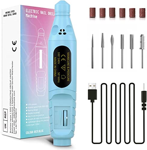 Lime a Ongle Electrique, Ponceuse pour Ongles à Vitesse Réglable 18 000 tr/min, Portable Kit de Manucure Pédicure avec 6 Forets à Tige pour des Débutantes Salon et Maison (bleu_1)