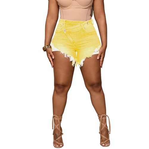 Image of PINSV Women's High Waisted Crossover Jean Shorts Ripped Raw Hem Summer Hot Denim Shorts Yellow L