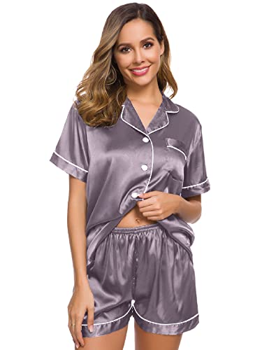 Image of SWOMOG Womens Silk Satin Pajamas Set Button Down Sleepwear Loungewear