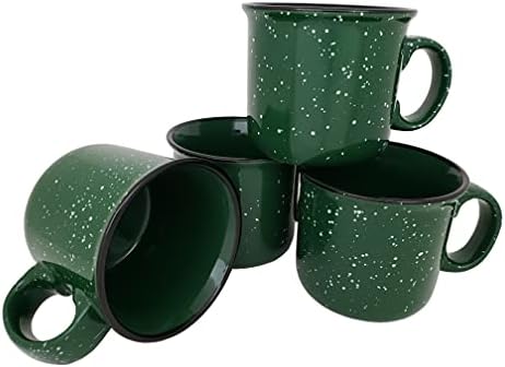 Essential Drinkware 14oz Ceramic Campfire Coffee Mug (Set of 4), Green with Speckled Finish - Durable Thick Walled Camping Style Cup for Outdoors or Home