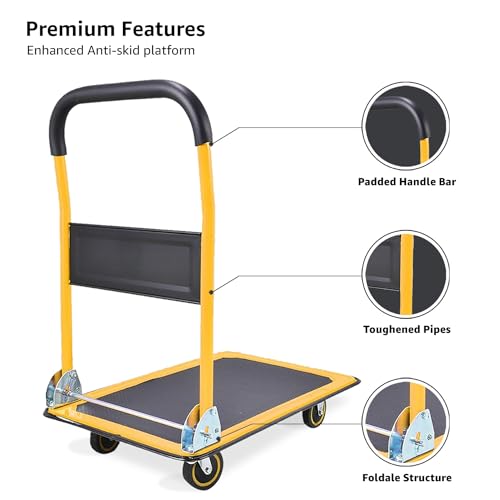 Image of Equal 300kg Capacity Steel Foldable Platform Trolley for Heavy Weight /Material Handling Goods Trolley for Home, Office, Warehouse & Industries - 61cm x 91cm (5 inch Wheel /Yellow Color)