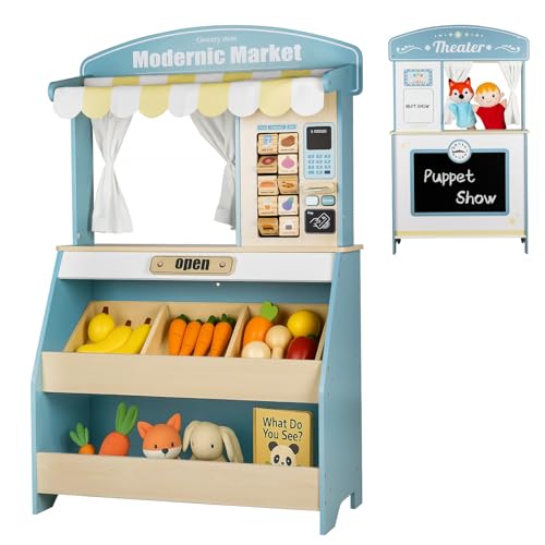 DREAM BUILDING Kids Grocery Store Pretend Play Puppet Theater&Grocery Store Playset Toy Double-Sided Toddler Supermarket Toy Cash Register w/Blackboard Display Shelves Gift for Boys Girls Blue