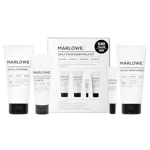 MARLOWE. Mens Skin Care Set, No. 204 Daily Essential Face Kit, No. 121 Facial Cleanser, No. 123 Facial Moisturizer, No. 127 Eye Cream, No. 128 Daily Face Lotion with SPF 50, Great Gift for Men