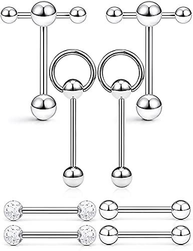 Prjndjw 14G Tongue Rings Door Knocker Tongue Ring 316L Surgical Steel Double Barbell with Slave Ring For Women Men Body Piercing Jewelry 16MM