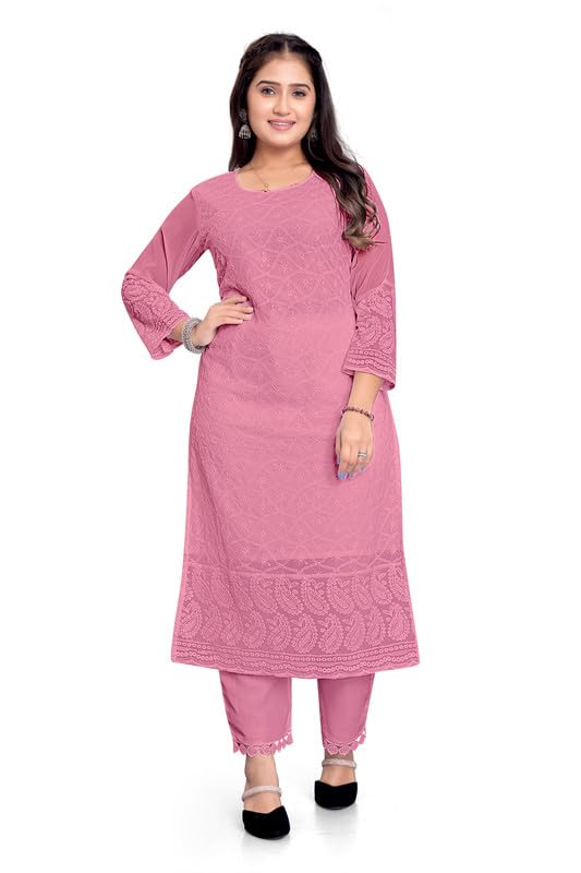 Image of IMPEX Hand Embroidered Chikankari Georgette Kurta for Women | Kurti | 3 /4th Sleeves | Round Neck | Ethnic Kurta | Ideal for Casual Wear, Festive, Wedding & Parties