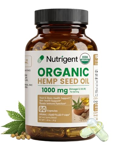 Nutrigent USDA Organic Hemp Seed Oil 1000 mg, Cold Pressed & 100% Pure, Plant-Based Omega 3-6-9 for Heart, Joint, Relaxation & Emotional Wellness, 60 Capsules
