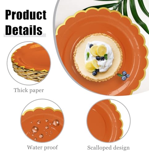 Image of HEIPINIUYE 50 Pieces Orange Paper Plates with Gold Foil 9 Inch Disposable Orange Scalloped Dinner Plates for Wedding Baby Shower Birthday Thanksgiving Party Dessert Plate