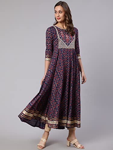 Image of Women Cotton Embroidered Printed Round Neck 3 /4 Sleeve Flared Kurta