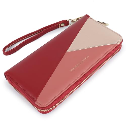 XSDTYYLQ Luxury Wallet For Women Slim,Elegant Clutch Wallet For Women,Wristlet Wallet With Cell Phone Pouch,Zip Pocket & Cards Organization(C3316-Red)