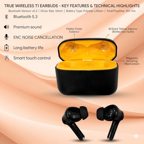 Image of Pods Black Gold Edition Bluetooth 5.3 Wireless Earbuds with ENC Noise Cancellation, 10mm Drivers, 30+ Hours Playtime, Smart Touch Control, Type-C Fast Charging, Deep Bass TWS Earphones (Black)