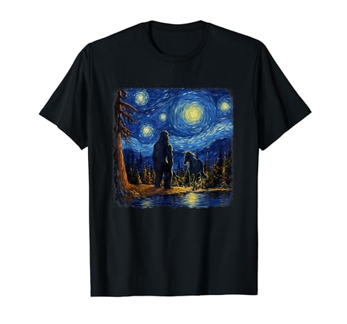 Bigfoot Starry Night Sasquatch Van Gogh Cielo Pintura Caballo Camiseta