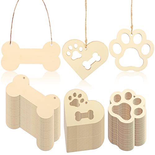 Beavorty 34Pcs Wooden Paw Print and Bone Shaped Cutouts with Rope DIY Craft Tags Pawprint Decoration for Home Decor Party Supplies and Holiday Decorations