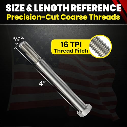 Image of Chenango Supply 3 /8-16 x 4 Stainless Steel Hex Head Bolts - 304 Stainless, USS Coarse Thread, 100,000-125,000 PSI Tensile Strength, Corrosion-Resistant Hardware Bolts, (25 Pieces, 3 /8-16 x 4)
